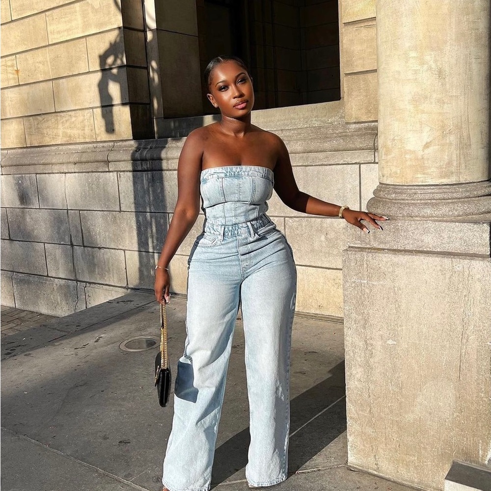Zara off the shoulder CORSET DENIM JUMPSUIT